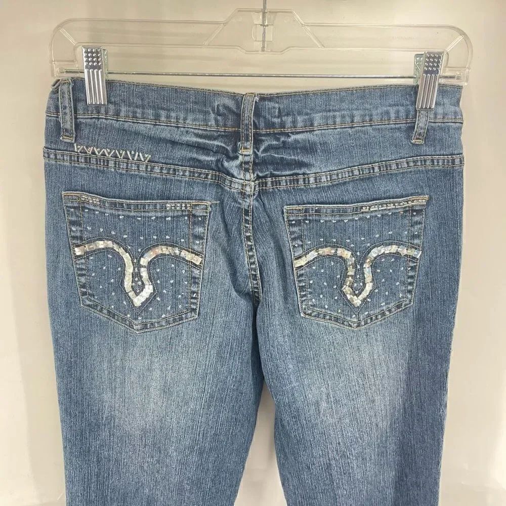 Vanilla star Women's Bootcut Jeans Beaded Pocket Mid Rise Denim Medium Wash Size - Picture 11 of 12